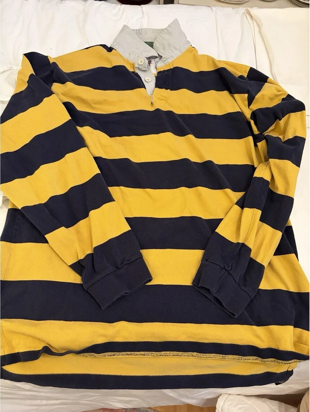 Vintage 90s J Crew Rugby Shirt Men's XLT Blue Yellow Striped Faded Well Worn